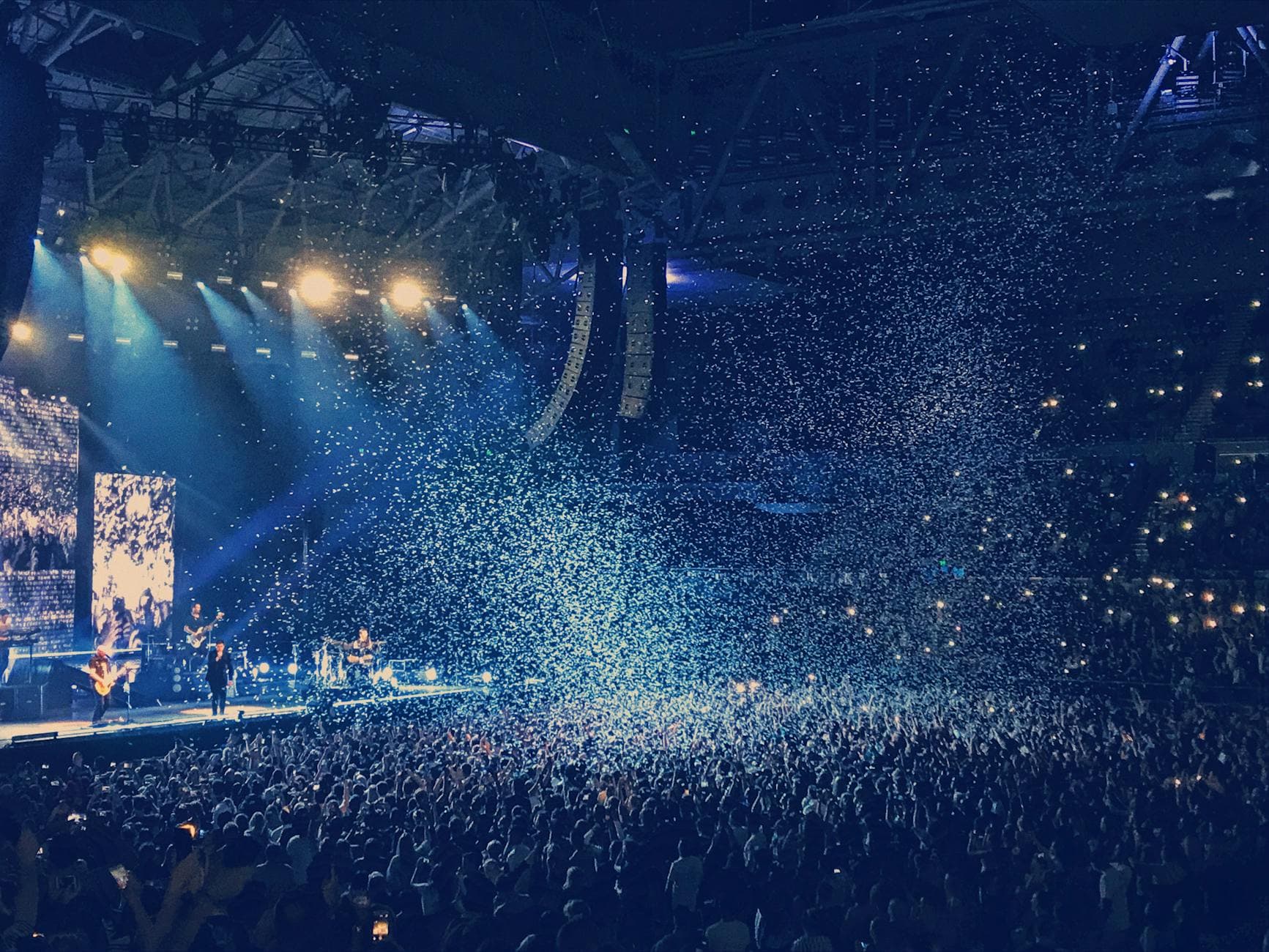 Arena with blue lights and confetti