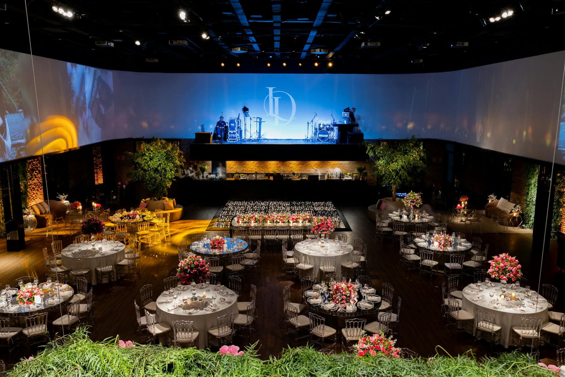 Elegant corporate banquet with stage lighting